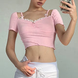 YESMYTOOL  -  Sweet Pink Frill Lace Trim Summer T-shirts Women Korean Fashion Fold Bow Skinny Cropped Tee Cutecore Coquette Clothes