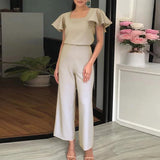 YESMYTOOL  -  Summer Solid Color Temperament Commute Set Elegant Square Collar Short Sleeve Tops+Long Pant Set New Fashion High Street Outfits