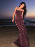 YESMYTOOL  -  Red Wine Valet Strapless Mermaid Maxi Dress For Women Sexy Strapless Backless Wrap Waist Robe Elegant Club Party Vestidos 2024