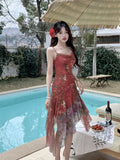 YESMYTOOL  -  Retro Red Floral Irregular Spaghetti Straps Ruffles Midi Dress Summer Holiday Club Party Elegant Sleeveless Women Mesh Sundress