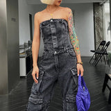 YESMYTOOL  -  Multi Pocket Wash Denim Overalls Jumpsuit 2024 Autumn New Sleeveless Tube Top High Waist Wid-leg Pants Party Club Streetwear