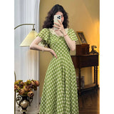 YESMYTOOL  -  Summer Party Dress Women Vintage Elegant Slim Lace V-Neck Green Plaid Long Dress High Waist Birthday Evening Party Midi Dress