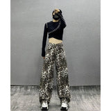 YESMYTOOL  - Retro Women Brown High Waist American Finish Wide Leg Pants Y2K Streetwear Sweat Pants Summer Leopard Print Straight Trouser