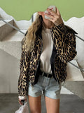 YESMYTOOL  -  Women's Casual Leopard Printed Leather Lapel Patchwork Jacket Chic Zipper Long Sleeve Short Slim Coat 2024 Lady High Streetwear