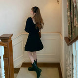 YESMYTOOL  - Winter Knitted Women Dress Sweater Mini Dress Autumn Fashion Vintage O-Neck One-Piece Dress Sweet Long Sleeve Ruffles Elegant