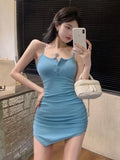 YESMYTOOL  -  Women Blue Pink Slim Sexy Club Asymmetric Pleated Mini Slip Dress Summer Black Button Sleeveless Backless Wrap Hip Short Dresses