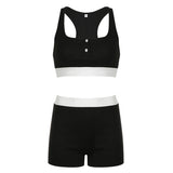 YESMYTOOL  -  Casual Patchwork Skinny Two Pieces Set Women Buttons Underwear Sportswear Contrast Color Tank Top+Shorts Matching Set