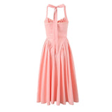 YESMYTOOL  -   pink midi dress women cotton Halter Tie Up women dresses sleeveless summer party dress chic elegant ladies dress