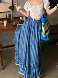 YESMYTOOL  - 2024 New Fashion Hobo Lace Stripe Floral Print A-line Long Skirts Blue Retro Elastic Waist Holiday Beach Women Summer Skirts