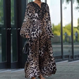 YESMYTOOL  -  Elegant V-neck Leopard Print Loose Party Dress Women Casual Lantern Long Sleeve Long Dress 2024 Fashion Pleated Bohemian Dresses