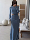 YESMYTOOL  -  Sexy Blue Hollow Out Maxi Dress Women Elegant Bodycon  Side Pleated Dresses Female Summer Autumn Ladies Fashion Streetwear