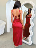 YESMYTOOL  -  Red Satin Spaghetti Strap High Split Sexy Dress Women Elegant Midi Long Dresses Backless Bodycon Summer Dress Vestidos