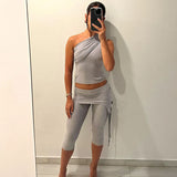 YESMYTOOL  - Puss Sporty Casual Women 2Piece Set Skew Collar Sleeveless Folds Tank Tops And Skinny Pants Streetwear Matching Sui