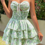 YESMYTOOL  -  Summer 2024 Women's Floral Print Strapless Dress with Drawstring Waist Cinched Floor Strap Mini Skirt