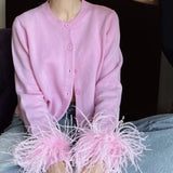 YESMYTOOL  -  Winter Spring Cardigans Ostrich Feathers Sweater Women Stylish Clothing Pink Knitted Sweaters Short Tops