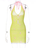 YESMYTOOL  -  Cute 2000s Aesthetics Yellow Plaid Halter Mesh Dresses Y2K Fashion Sexy Backless Deep V Hollow Out Bodycon Mini Dress