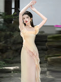 YESMYTOOL  -  Sexy Slim Beach Split Dress Elegant Vintage Ruffles Fairy Dress Casual Sundresses Chic Off Shoulder Women Evening Party Dress