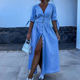 YESMYTOOL  -  Fashion Single-breasted V-neck Denim Dress Elegant Hight Waist Tie-up Half Sleeves Party Dress Casual Solid Long Dress Vestidos