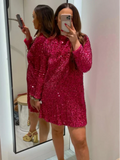 YESMYTOOL  -  Fashion Glitter Sequins Mini Dress Elegant Women Bow O-neck Long Sleeve Loose Party Gown Female Chic Evening Prom Vestido