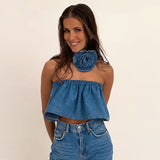 YESMYTOOL  -  3D Flower Neck Denim Tube Top Off Shoulder Sleeveless Sexy Elasticity Summer Women Casual Streetwear Y2K Party Clubwear