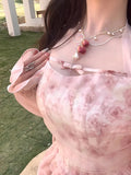 YESMYTOOL  -  Halterneck Dress For Women's Korean Pink Rose Chiffon Clothing 2024 New Summer Elegant Party Korean Fashion Floral Long Dresses.