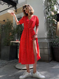 YESMYTOOL  -  Polk Dot Red Midi Dress Women Summer New V Neck Short Sleeve Waist Cinched Split Dresses 2024 Elegant Casual Button Long Vestido