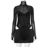 YESMYTOOL  -  Fashion Mesh Long Sleeve Mini Dress Party Evening Club Outfits Sexy Cut Out Corset Bodycon Dresses Clothes