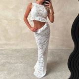 YESMYTOOL  -  Women Sexy Hottie Sleeveless Party Dress 2024 Elegant Lace Fringe Ruffle Slim Dress Fashion O-Neck Hollow Out Solid Long Dresses