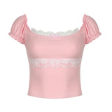 YESMYTOOL  -   Hotsweet Bow Lace Trim Pink T-shirts for Women Ruched Korean Fashion Crop Top Coquette Clothes Kawaii Tees Slim Short