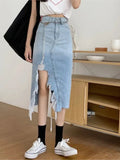 YESMYTOOL  -  Women Summer Tassel Hem Split Irregular Denim Midi Skirt Female High Waist Casual Blue Ripped Side Jeans Skirts