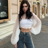 YESMYTOOL  -  Solid Loose Mool Hollow Out Thin Top Women's Round Neck Lantern Long Sleeve Sexy Exposed Navel Transparent Sweater