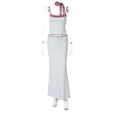 YESMYTOOL  -  2024 Summer Women Two Pieces Dress Sets Bandage Contrast Color Camisoles Top+elegant High Waist White Long Skirts Female Suit