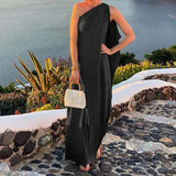 YESMYTOOL  -  Fashion Slant Neck Backless Satin Long Dress Lady Elegant Sleeveless Draped Shawl Party Dress 2024 Casual Loose Solid Maxi Dress