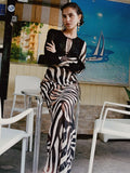 YESMYTOOL  -  Women V-neck Lace Up Zebra-stripe Chiffon Dress 2024 Summer Sexy See-through Bandage Black Patchwork Vacation Beach Long Dresses