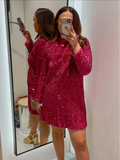 YESMYTOOL  -  Fashion Glitter Sequins Mini Dress Elegant Women Bow O-neck Long Sleeve Loose Party Gown Female Chic Evening Prom Vestido