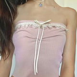 YESMYTOOL  -  Sweet Cute Pink Lace Trim Summer Tube Top Women Korean Coquette Clothes Bow Folds Mini Crop Tops Strapless Y2K Kawaii