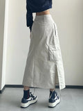 YESMYTOOL  -  Long Cargo Skirt Women Y2k Streetwear Vintage Pocket High Waist Side Split Shirring Casual Straight Skirt Korean Faldas