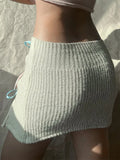 YESMYTOOL  -  Knitted Mini Skirt Women Stitching Contrast Bow Lacing Up Hollow Out Slim Hip Wrap Short Skirt Y2K Sweet Hottie Outfit