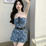 YESMYTOOL  -   Spicy Girl Fried Street 2024 Summer New Bra Top Denim Jumpsuit Shorts Women's Casual Fashion Jumpsuit Female Clothing