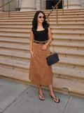 YESMYTOOL  -  Women Elegant Suede Leather Midi Skirt Fashion High Waist Loose A-line Long Skirts 2024 Female High Street Commuting Casual Wear