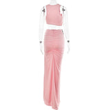 YESMYTOOL  -  Pink Spliced Skirt Set Round Neck Sleeveless Sexy Open Navel Asymmetrical Top Slim Fit Split Bow Wrap Hip Skirt Suit