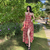 YESMYTOOL  -  2024 New Woman Long Skirt Beach Vacation Skirt Retro Plaid Bra Dress Hanging Neck Long Split Waist Waist Dress Summer Clothes