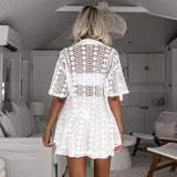 YESMYTOOL  -  Holiday Sexy Women Lace 2-piece Set Summer Women Shorts Sets 2024 New Casual White Lace Hollow Short Sleeve Cardigan+Shorts Set