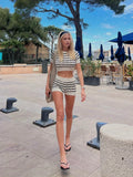 YESMYTOOL  - Striped Knit 2 Piece Set 2024 New O Neck Slim Short Sleeve Cropped Tops+Shorts Sets Summer Casual Beach Holiday Hollow Out Suits