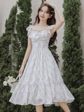 YESMYTOOL  -  Vintage Blue Floral Romantic Vacation Ruffles Lace-up Long Dress Women Korean High Waist Backless Pleated Fairy Dress Summer New