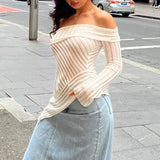 YESMYTOOL  -  Knitted Top White T-shirt Women Long Sleeve Top Tee Shirt Femme Off Shoulder Sheer T-shirts Autumn Fall Striped Sexy T-shirt