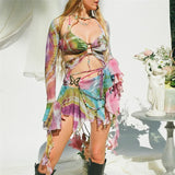 YESMYTOOL  -   Flare Sleeve Butterfly Print Mesh 3 Piece Skirt Set Y2k Fairy Grunge Matching Sets Chic Rave Festival Outfits