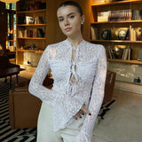 YESMYTOOL  -  Sexy Lace Up Cardigan T-Shirt Female See Through Lace Flare Sleeve T-shirt Top Hot Girl Slim Fit Solid Splice Short Top