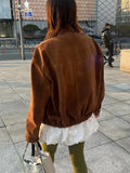 YESMYTOOL -  Fall Outfits 2024 Fashion Retro Brown Zipper Suede Leather Coat Women Elegant Stand Collar Zipper Pocket Long Sleeve Jacket Autumn Lady Outwear