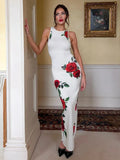 YESMYTOOL  -  Vintage Floral Print White Tank Dress Woman Clothing O-neck Sleeveless Bodycon High Waist Long Party Evening Dresses Streetwear